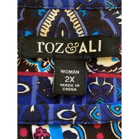 Roz & Ali 2X Womens Tunic Boho Paisley Short Sleeve Long Line Oversized Top - Picture 3 of 11